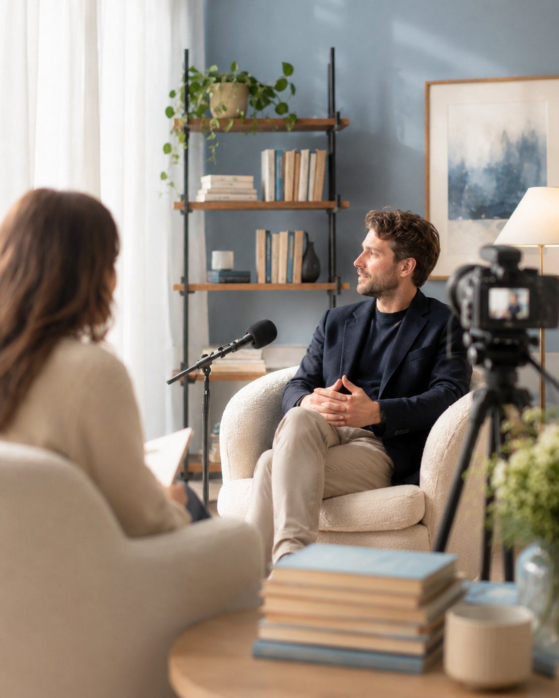 Intervista a un autore durante un evento letterario